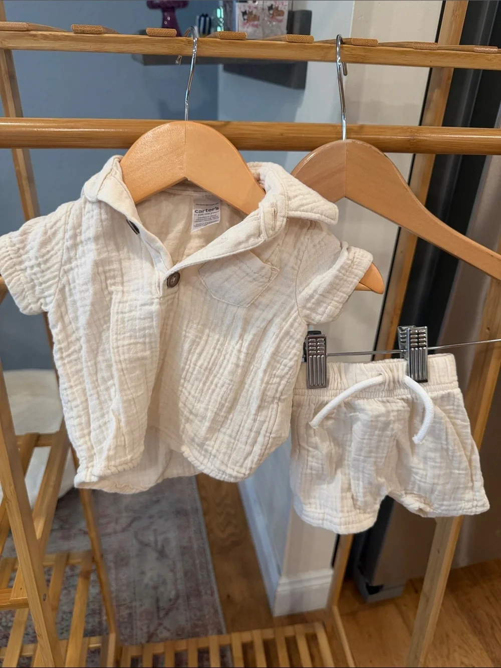 Carter's New Born Cream Collared Button-Down Shirt & Shorts Set
